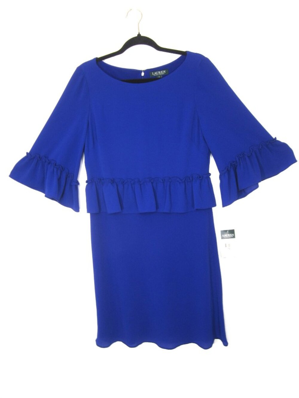 LRL Ralph Lauren NEW Size 10 Blue Knee Length Dress 3/4 Sleeve Ruffle Crepe $135